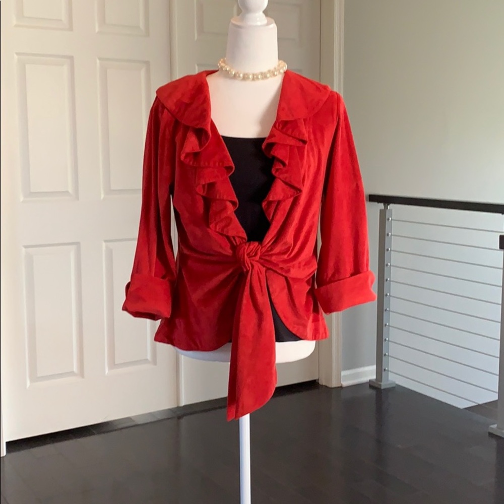 Mishca Red faux suede microfiber ruffle tie jacket